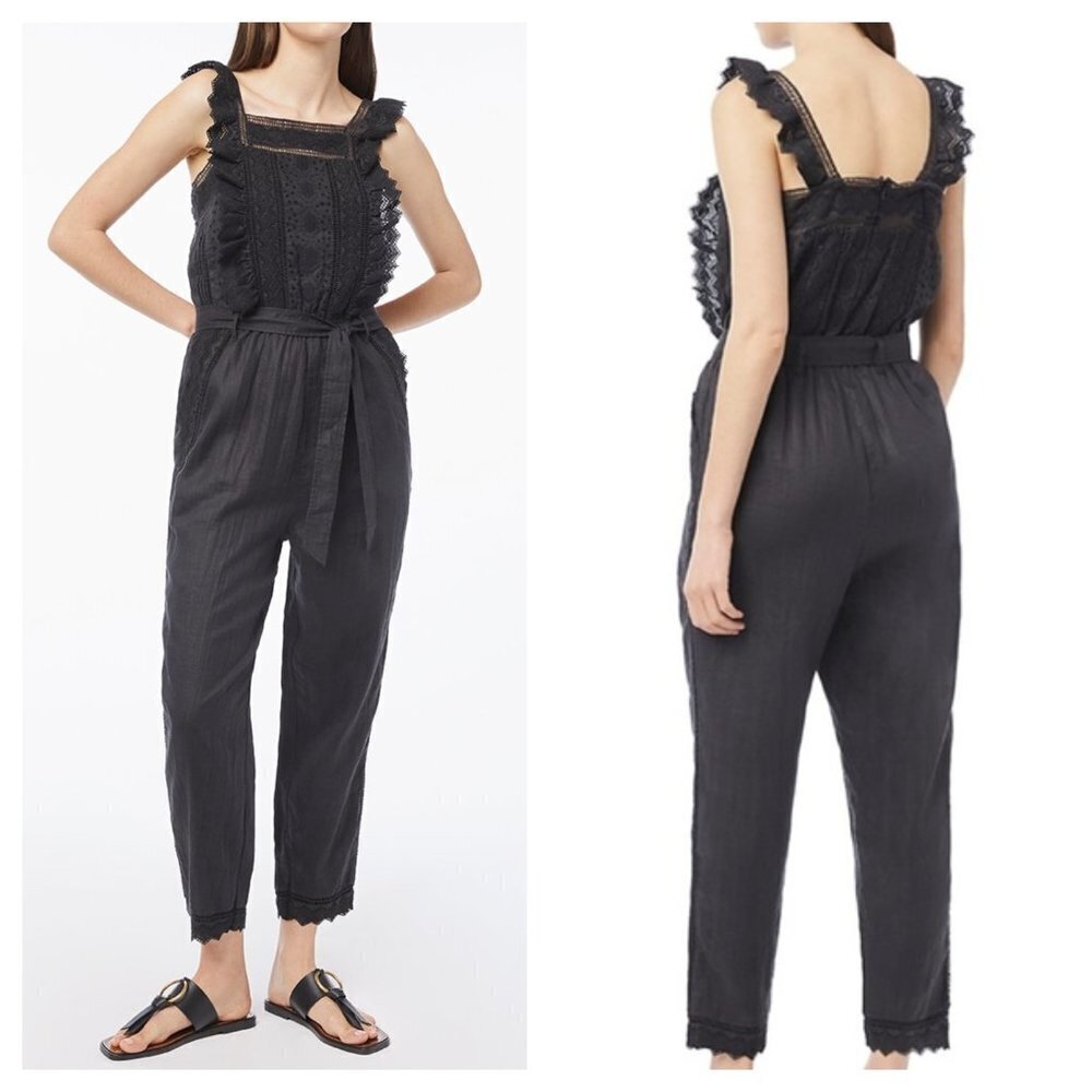 New Frame Xs Eyelet Lace Bodice Pant Jumpsuit In Noir Black Pockets $445